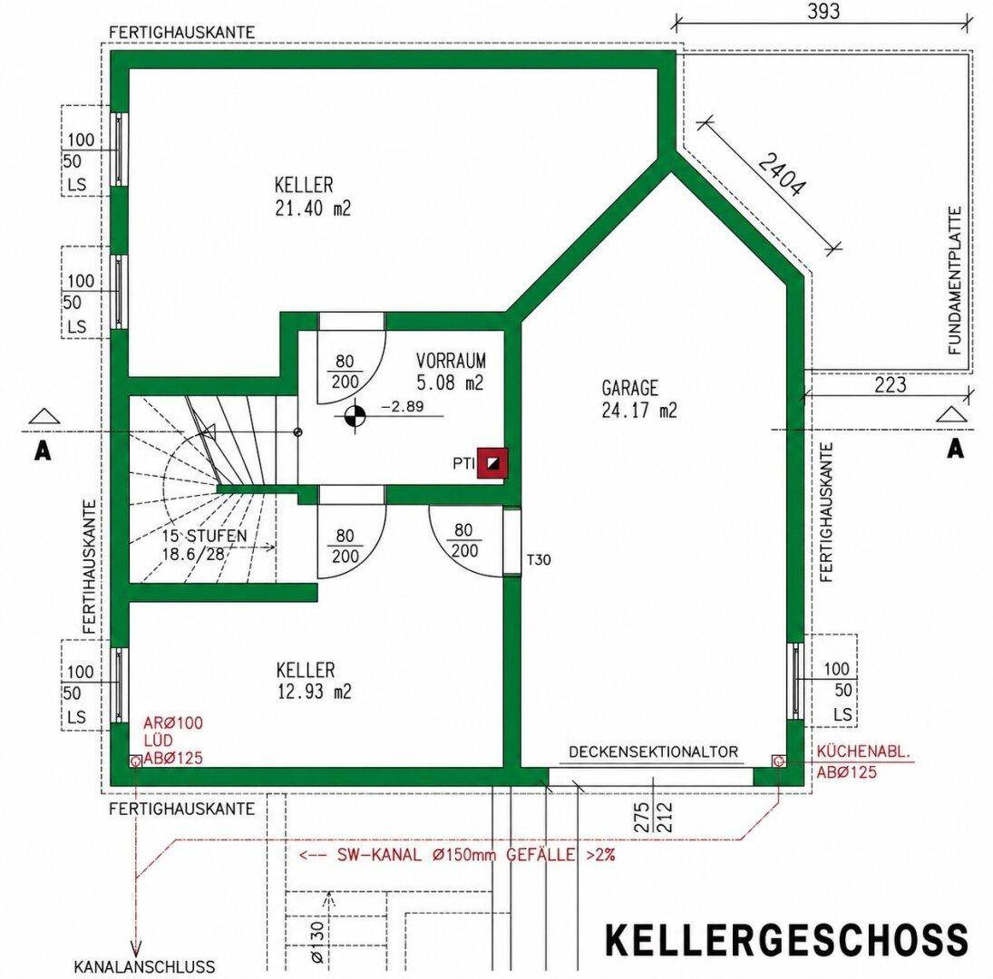 Grundriss des Kellergeschosses mit Kellerräumen, Vorraum und Garage.