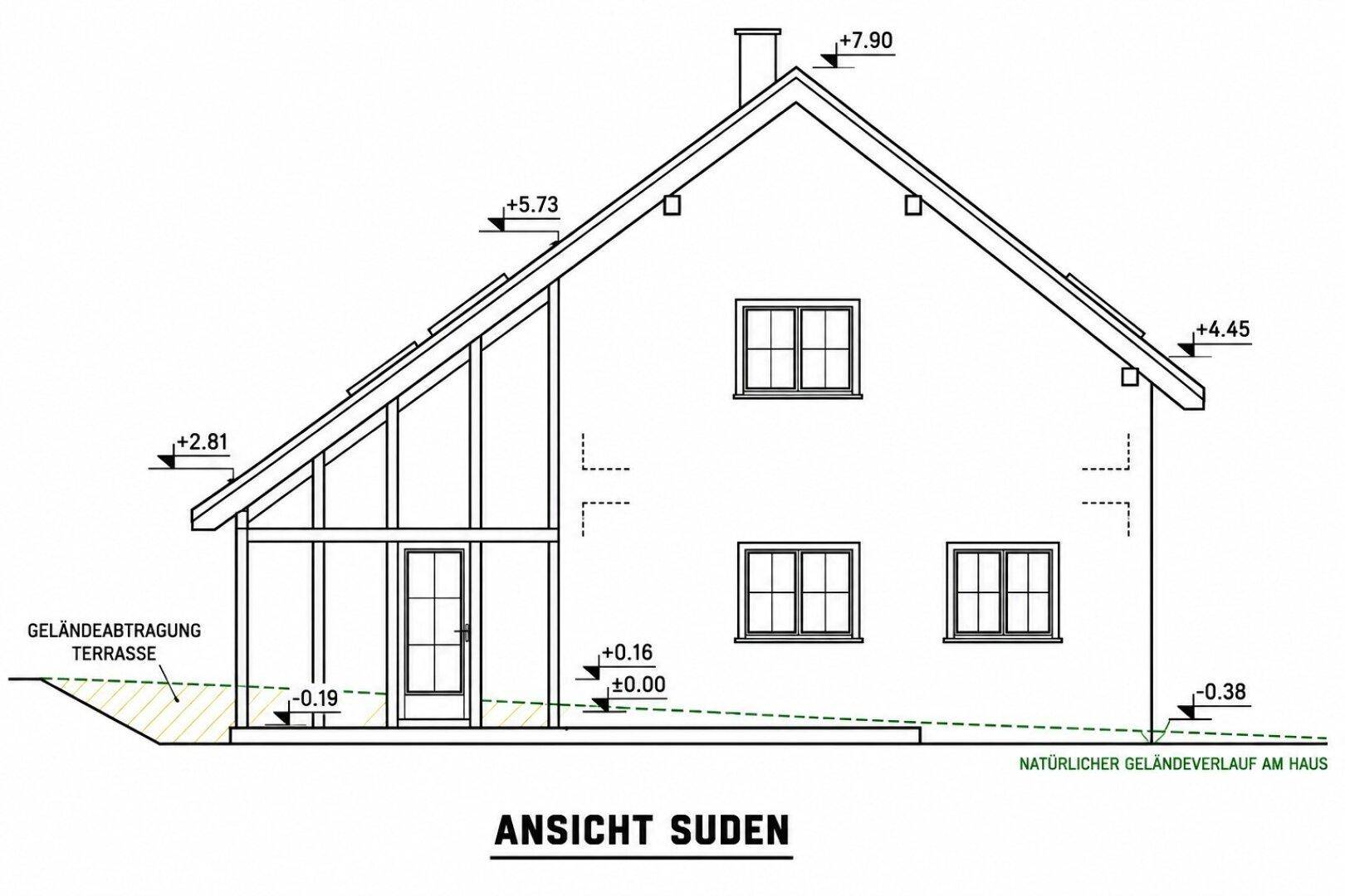 Ansicht der Südfassade des Hauses mit Fenstern, Eingang und Wintergarten.