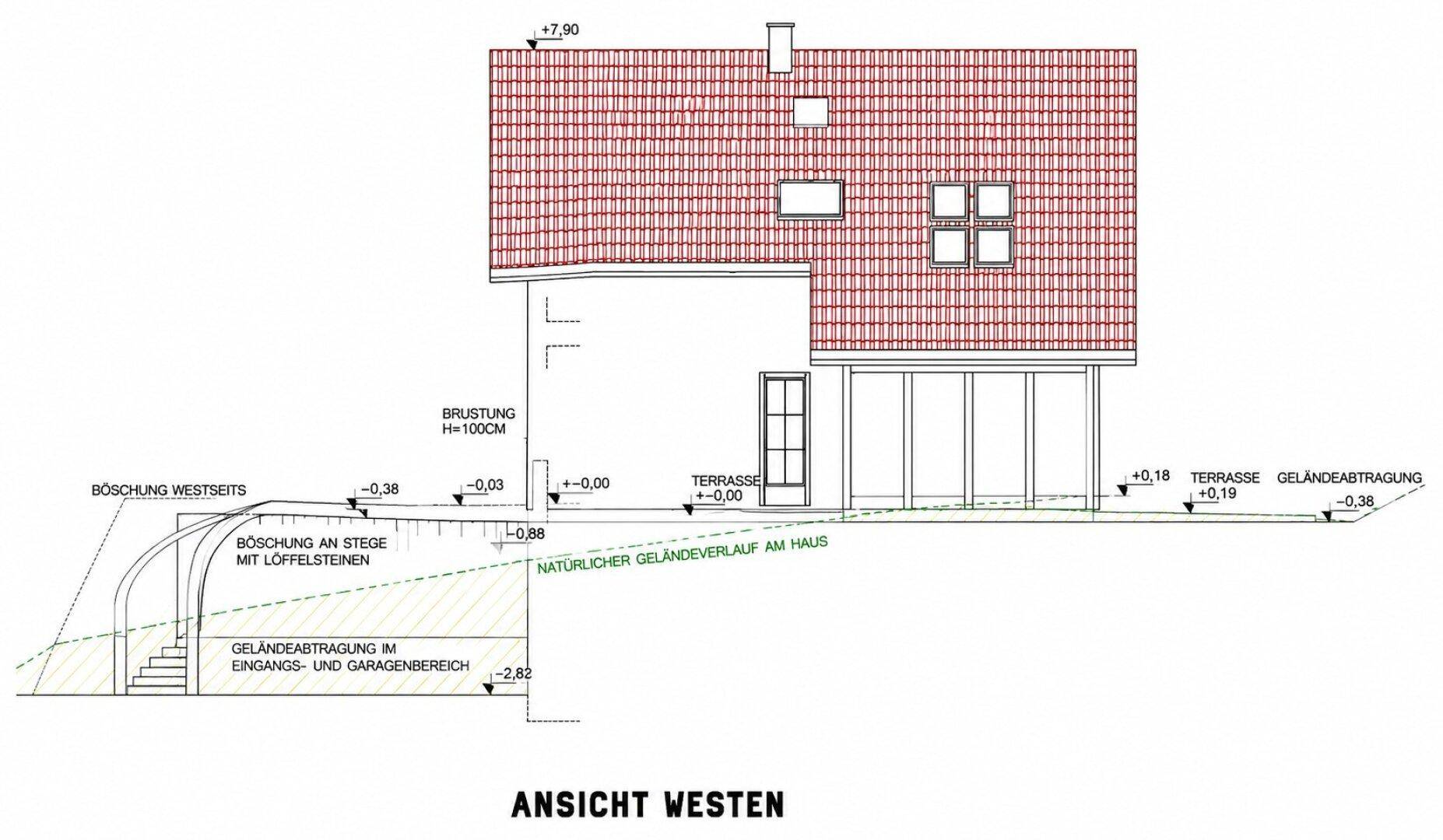 Ansicht der Westfassade des Hauses mit Terrasse, Wintergarten und Dach.
