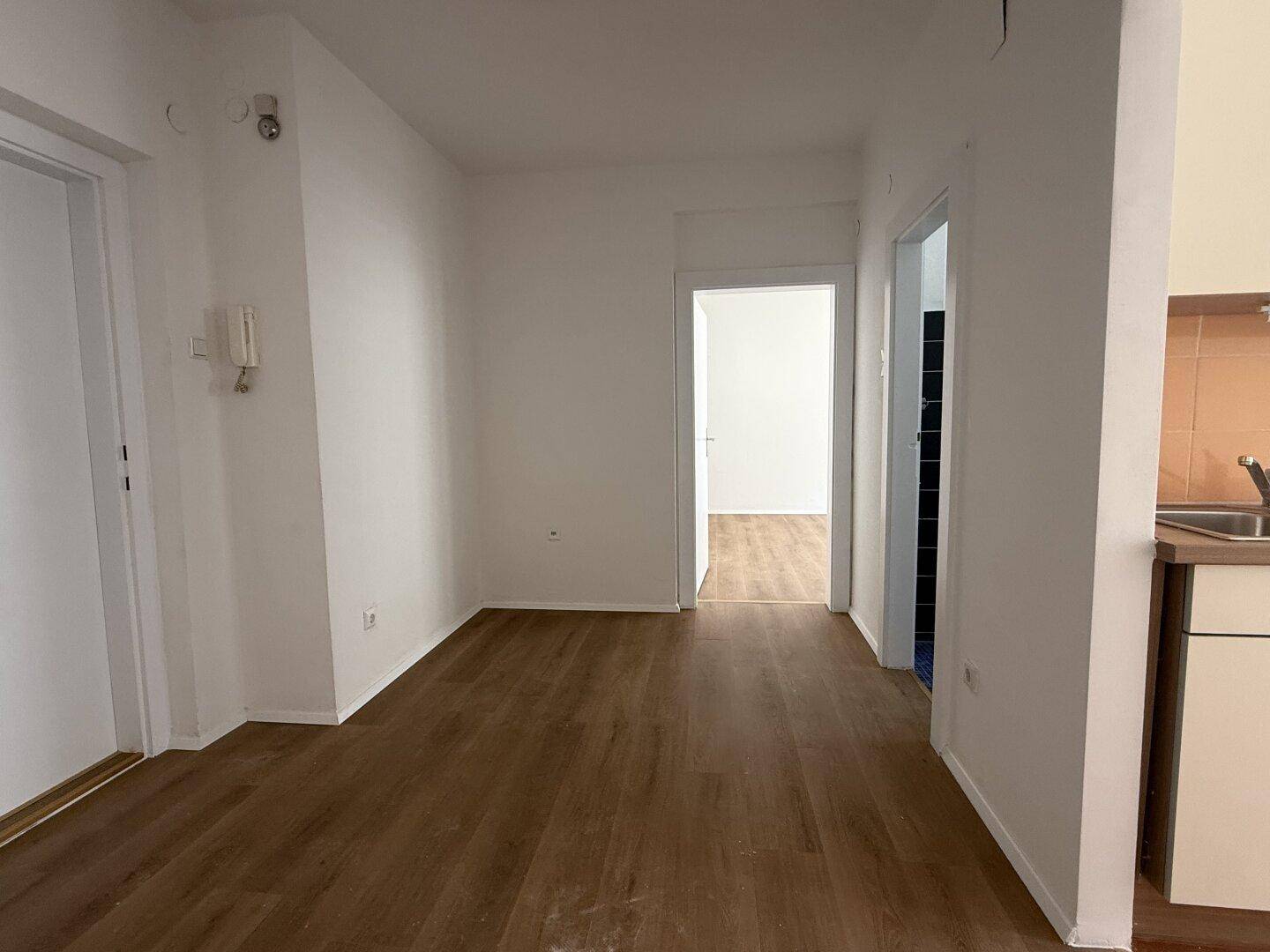 Heller Flur mit Holzboden und Zugang zu verschiedenen Zimmern, inklusive Gegensprechanlage, gut gepflegt.