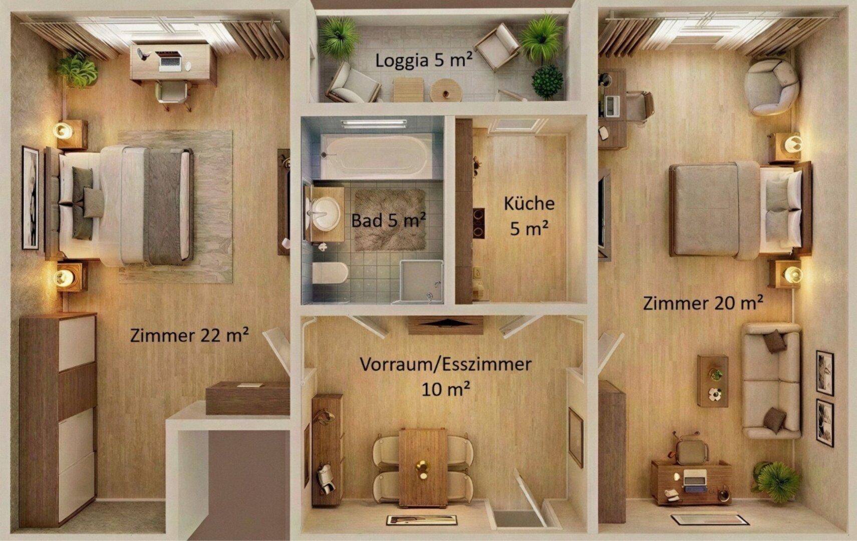 Detaillierter Grundriss einer Wohnung mit zwei Schlafzimmern, Loggia und separater Küche, gut aufgeteilt.