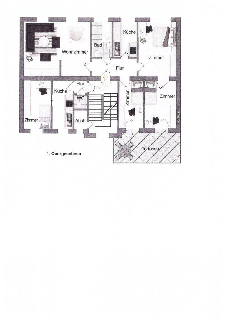 Grundriss des ersten Obergeschosses mit Wohnzimmer, Küche, Zimmern und Terrasse.