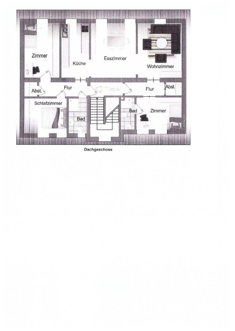 Grundriss des Dachgeschosses mit Esszimmer, Wohnzimmer, Schlafzimmer und Bädern.