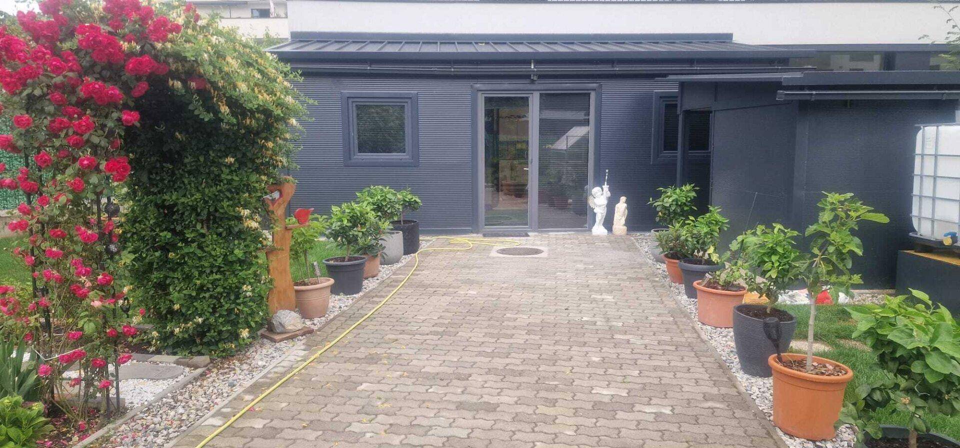 Gepflasterter Gartenweg mit Rosenbogen, Topfpflanzen und Zugang zum Haus.