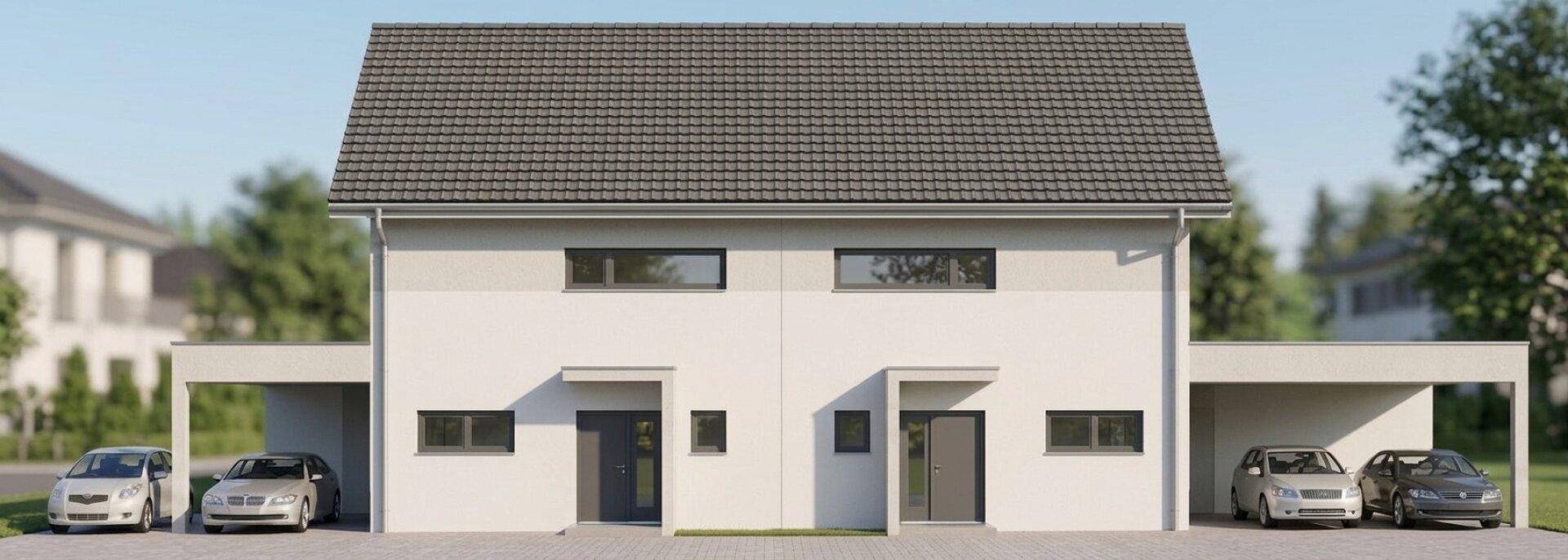 Vorderansicht einer modernen Doppelhaushälfte mit zwei Carports und grauen Dachziegeln.