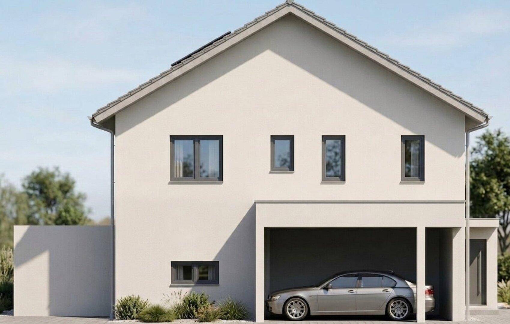 Seitenansicht einer Doppelhaushälfte mit integriertem Carport und schlichtem Design.