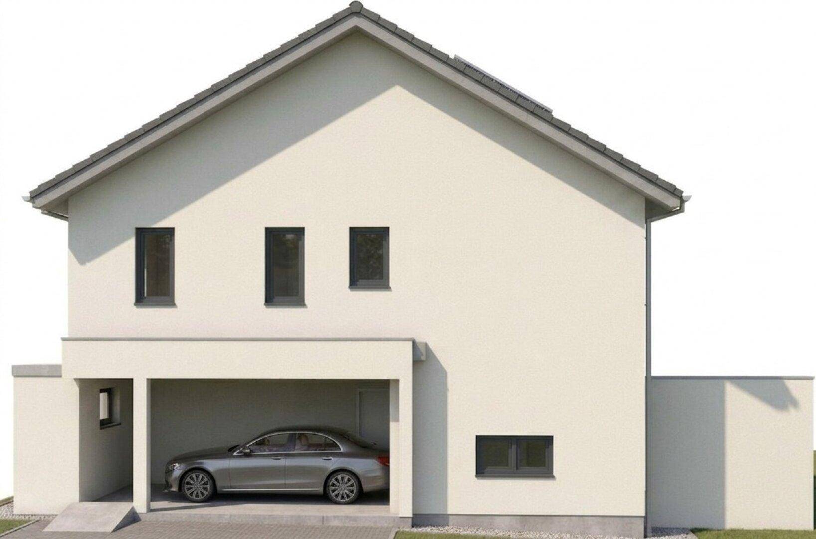 Schlichte Seitenfassade einer Doppelhaushälfte mit Carport und kleinen Fenstern.