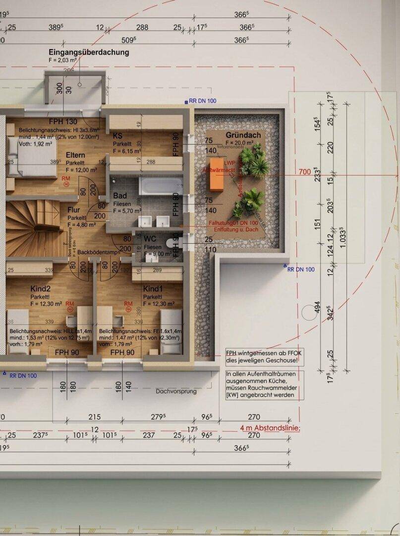 Detaillierter Grundriss des Obergeschosses mit Schlafzimmern, Bad und begrünter Dachterrasse.