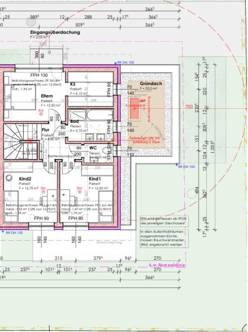 Grundriss des Obergeschosses mit Schlafzimmern, Bad und WC, sowie Dachterrasse.