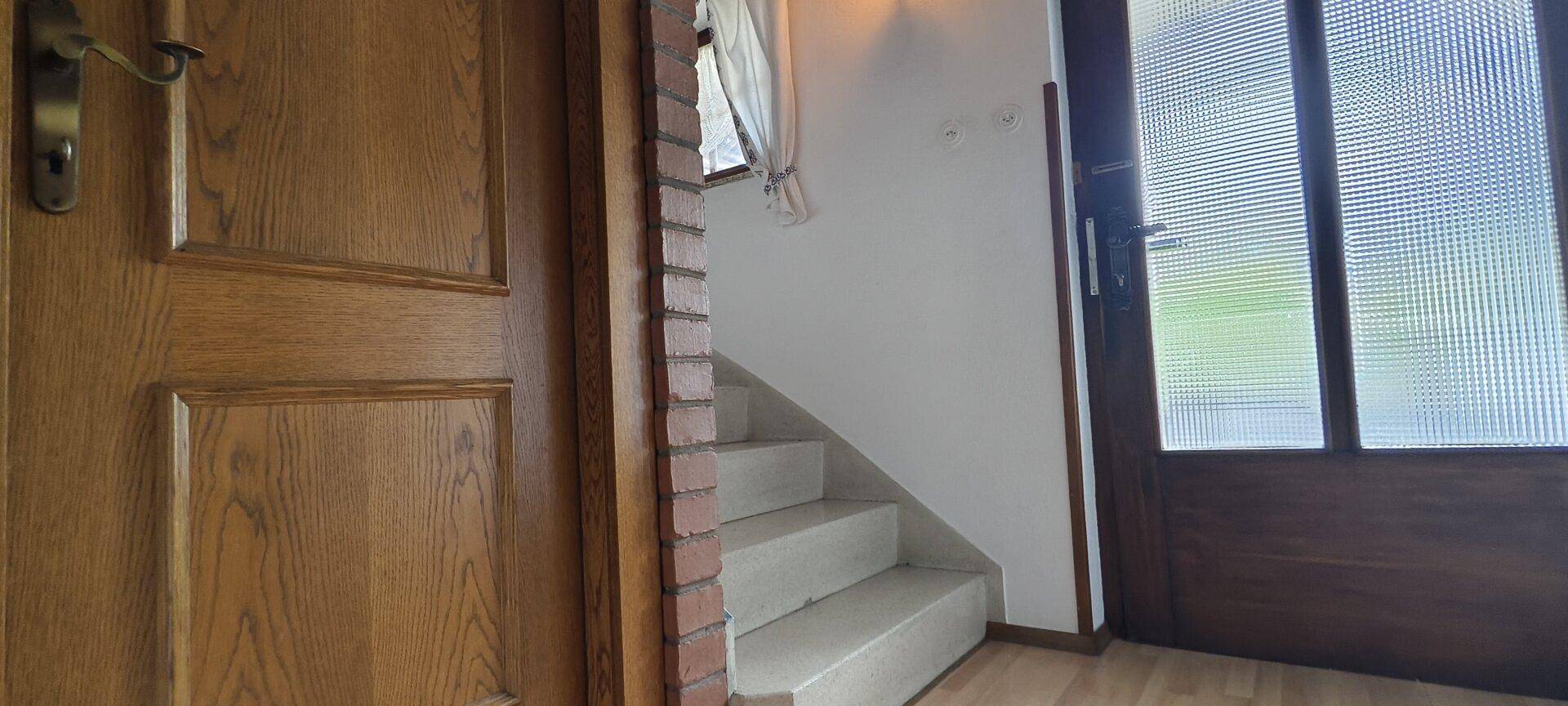 Eingangsbereich mit Holztür, Steintreppe und viel natürlichem Licht durch die Glastür.