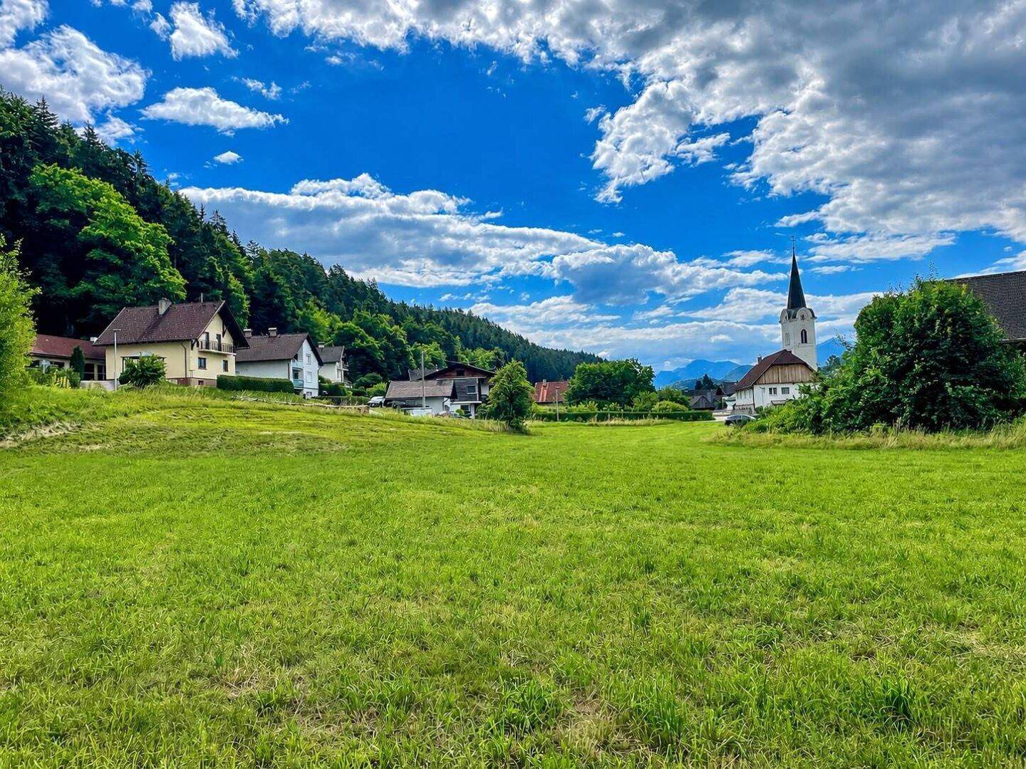 Idyllische Landschaft mit einer weiten grünen Wiese, einem Dorf mit Kirche und Bergen im Hintergrund.