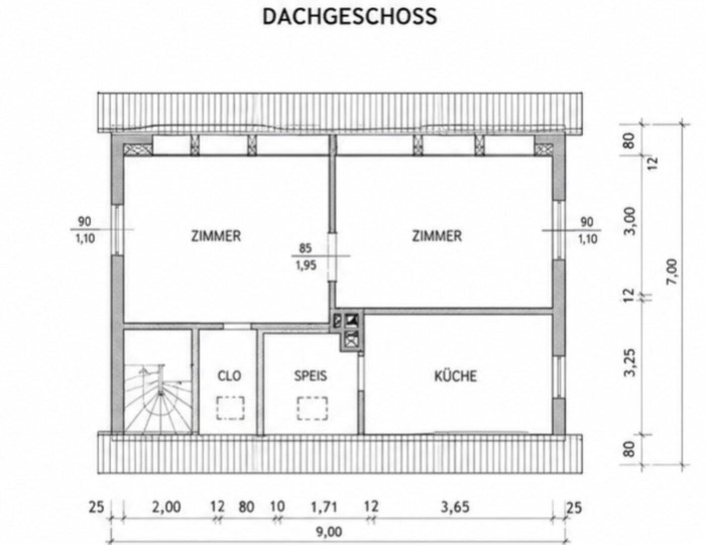 Grundriss des Dachgeschosses mit zwei Zimmern, Küche, Speisekammer und Dachschrägen.