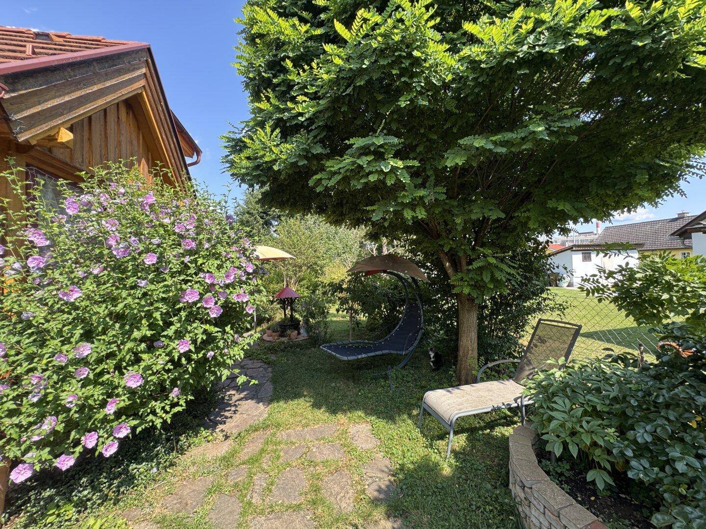 Gemütlicher Gartenbereich mit Liegestühlen und einer Schaukel unter einem großen Baum.