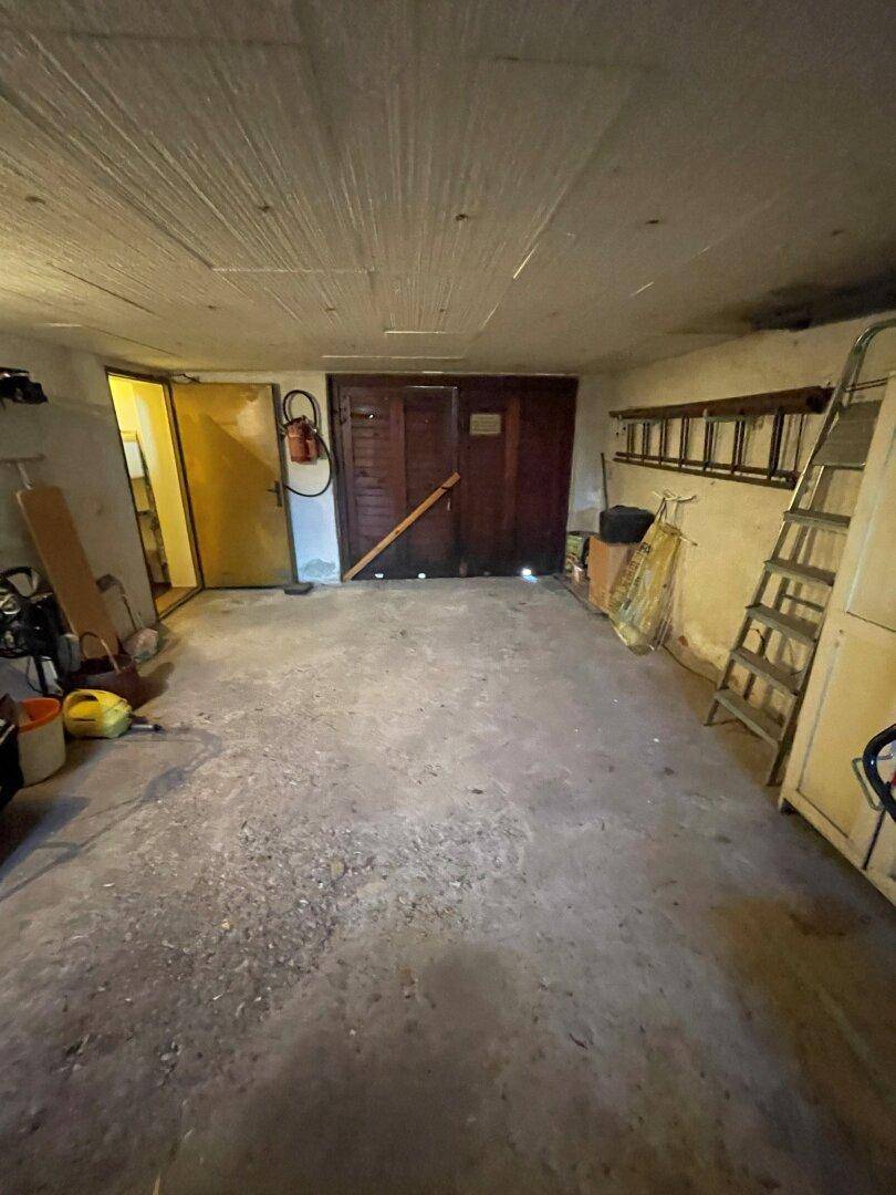 Kellerraum mit Betonboden, Holztüren und einer Leiter, ideal als Lager- oder Werkstattbereich.