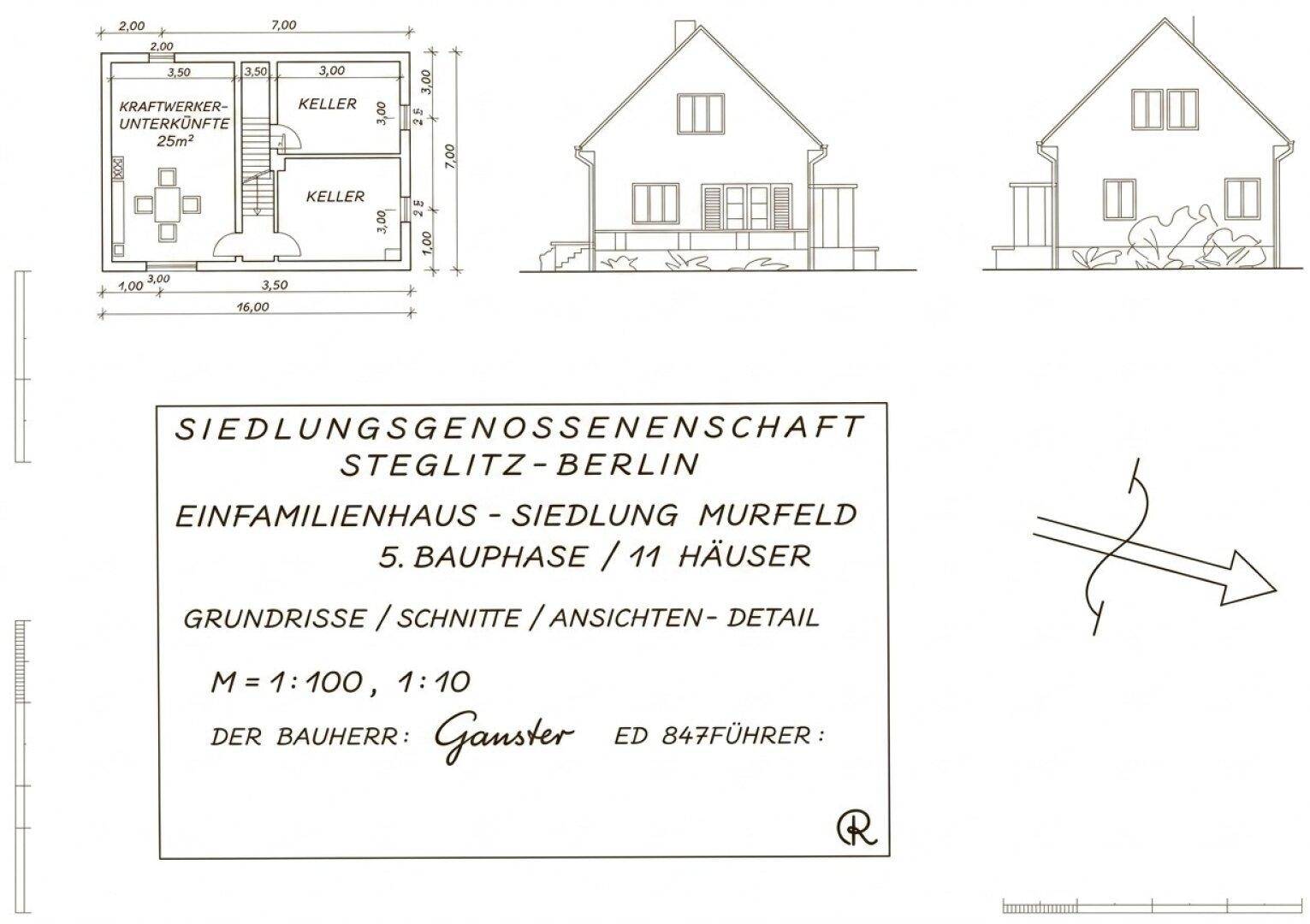 Detaillierter Grundriss und Ansichten eines Einfamilienhauses mit Keller und Wohnbereichen.