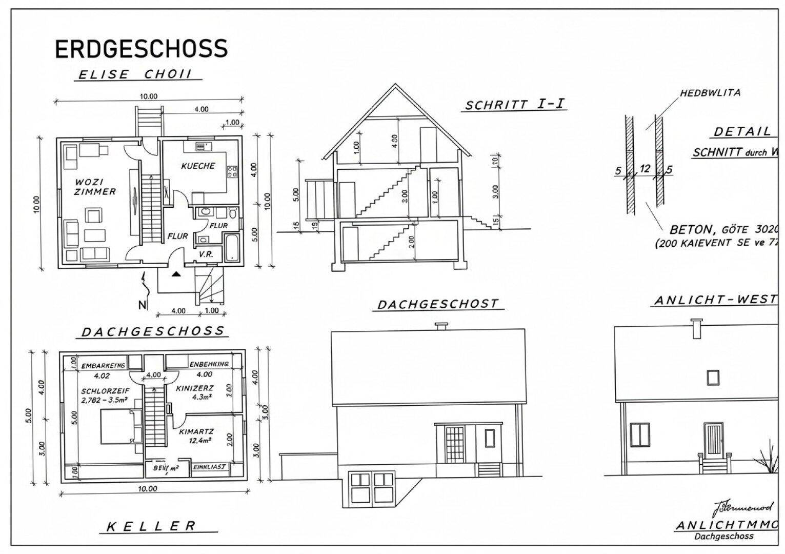 Umfassender Grundriss mit Erdgeschoss, Dachgeschoss und Keller sowie Schnittansichten des Hauses.