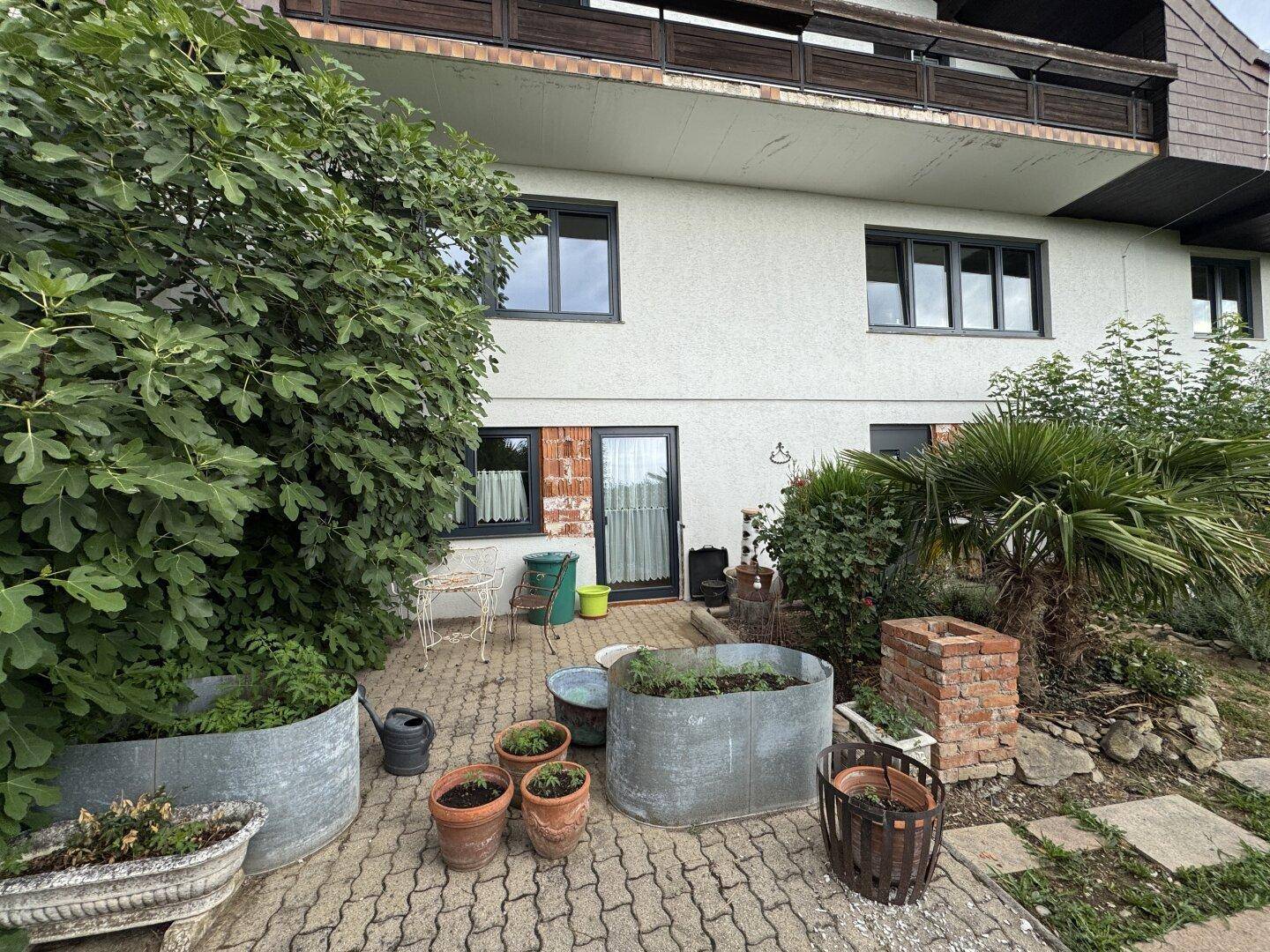 Gepflasterter Terrassenbereich mit Topfpflanzen und einer kleinen Sitzgelegenheit vor der Hausfassade.