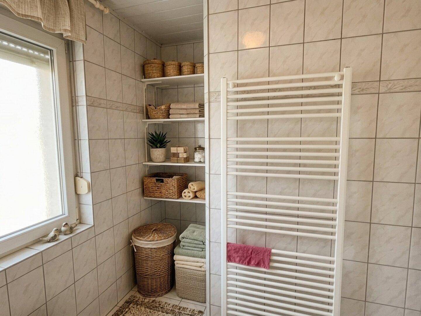Badezimmerdetail mit Handtuchheizkörper, Ablageregalen und Fenster für natürliche Belüftung.