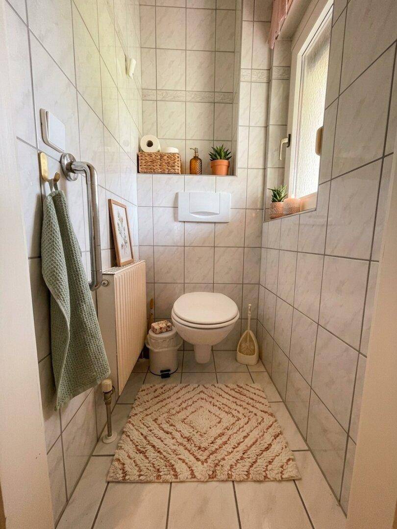 Kleines Gäste-WC mit Wand-WC, Waschbecken und Fenster für natürliche Belüftung.