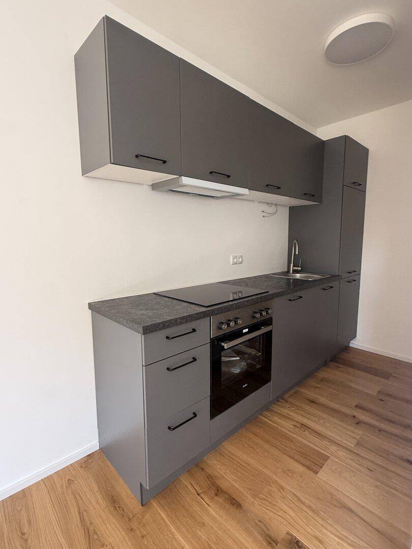 Moderne Küchenzeile in Grau mit Induktionskochfeld und Backofen, integriert in den Wohnraum.