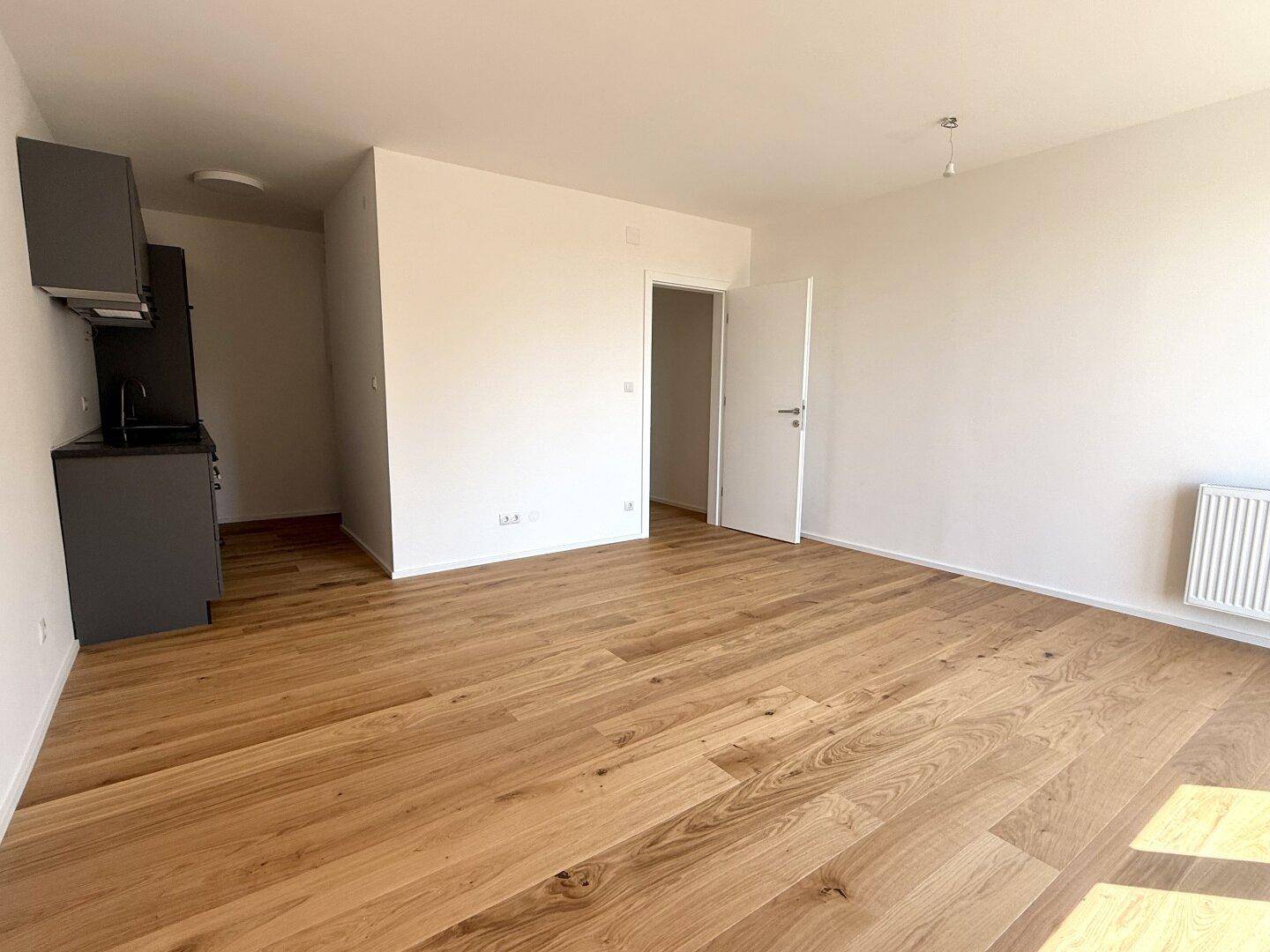 Heller Wohnbereich mit Holzboden und integrierter Küchenzeile, ideal für ein Studio-Apartment.