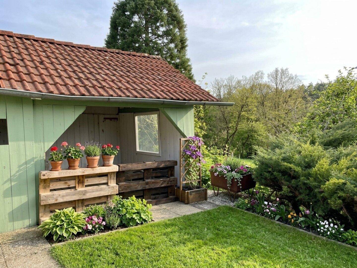 Gepflegter Gartenbereich mit Rasenfläche, Blumenbeeten und einem kleinen Gartenhaus.