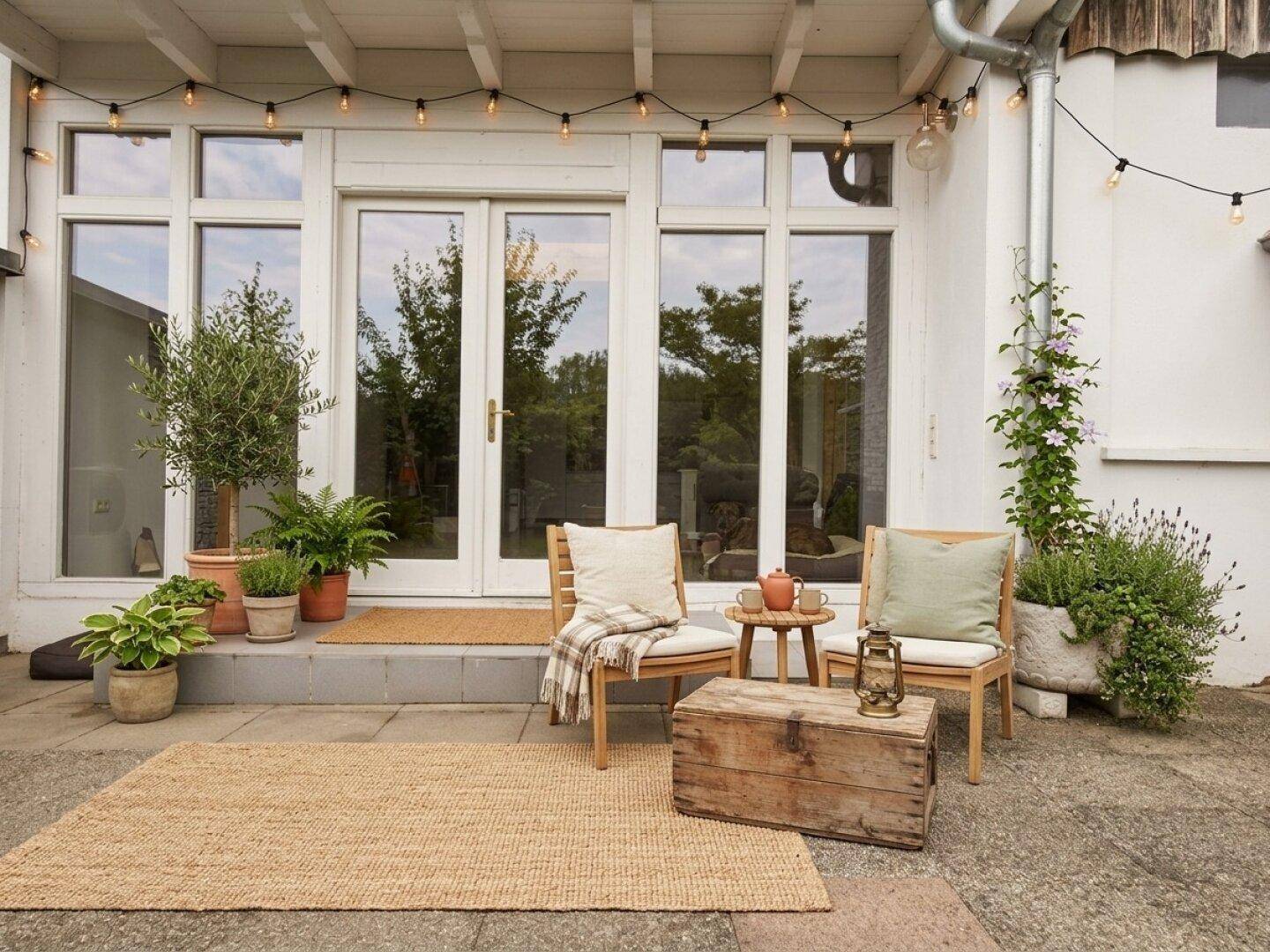 Gemütliche Terrasse mit Sitzgelegenheiten, Pflanzen und Lichterkette für entspannte Abende.