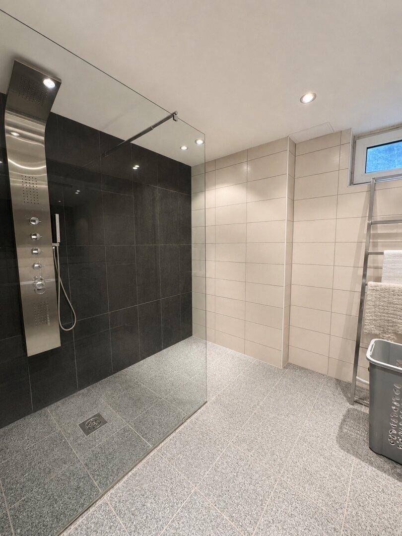 Modernes Badezimmer mit großer begehbarer Dusche, dunklen Fliesen und Duschpaneel.