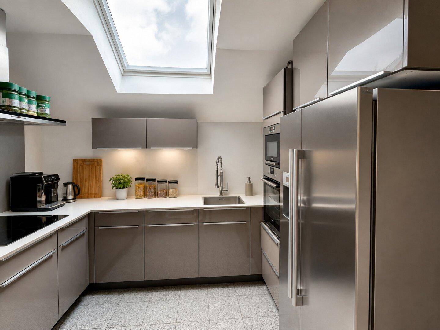 Moderne Küche mit Dachfenster, glänzenden Schränken und integrierten Edelstahlgeräten.