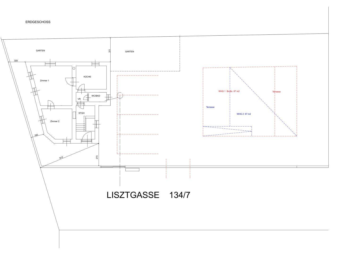 Grundriss des Erdgeschosses mit Zugang zu Garten und Terrasse, inklusive Küche und zwei Zimmern.