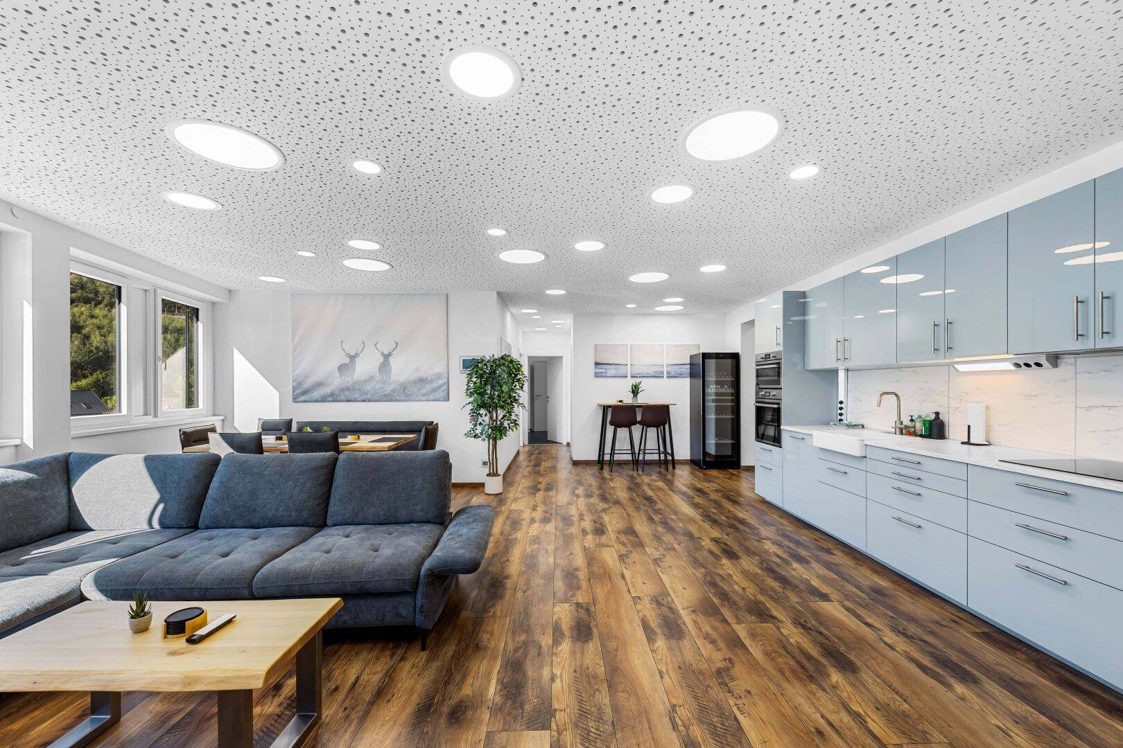 Offener Wohnbereich mit integrierter Küche, modernem Sofa und Holzboden.