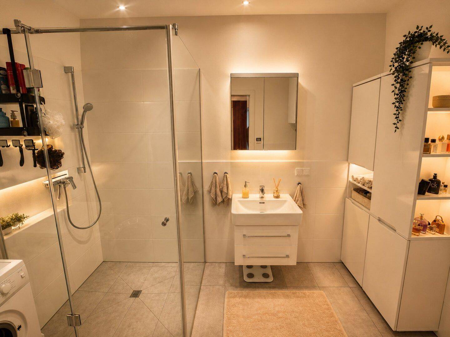 Modernes Badezimmer mit ebenerdiger Dusche, Einzelwaschbecken und integrierten Schränken.