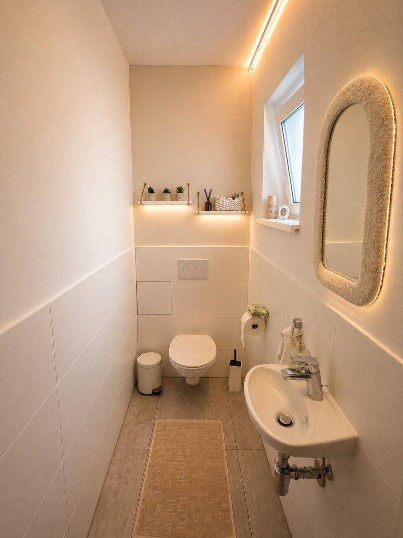 Helles Gäste-WC mit Fenster, wandhängendem WC und kleinem Waschbecken.