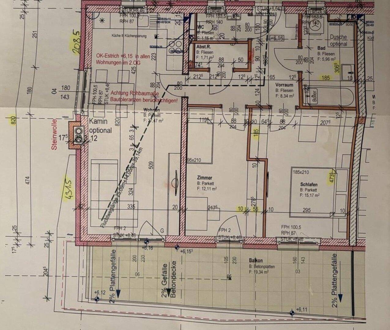 Detaillierter Grundriss einer Wohnung mit Balkon, Wohnküche und zwei Schlafzimmern.