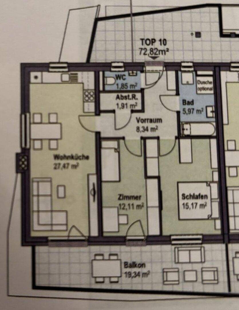 Übersichtlicher Grundriss einer Wohnung mit Wohnküche, Schlafzimmer und Balkon.