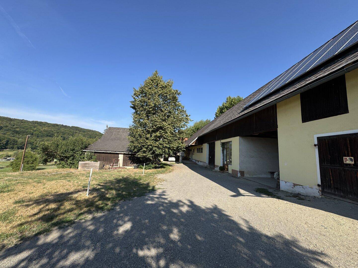 Gebäudeansicht mit Photovoltaikanlage auf dem Dach, altem Baumbestand und Schotterweg.