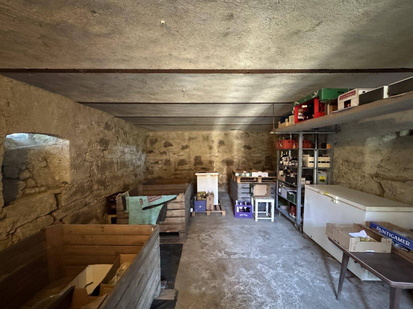 Rustikaler Kellerraum mit Steinwänden, Betonboden und Regalen für Lagerzwecke, inklusive Gefriertruhe.