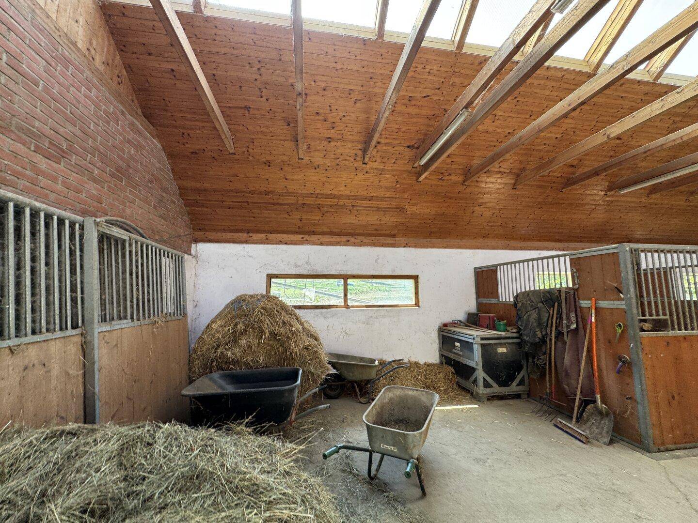 Innenraum eines Stalls oder einer Scheune mit Heu, Schubkarren und einer Holzdecke.