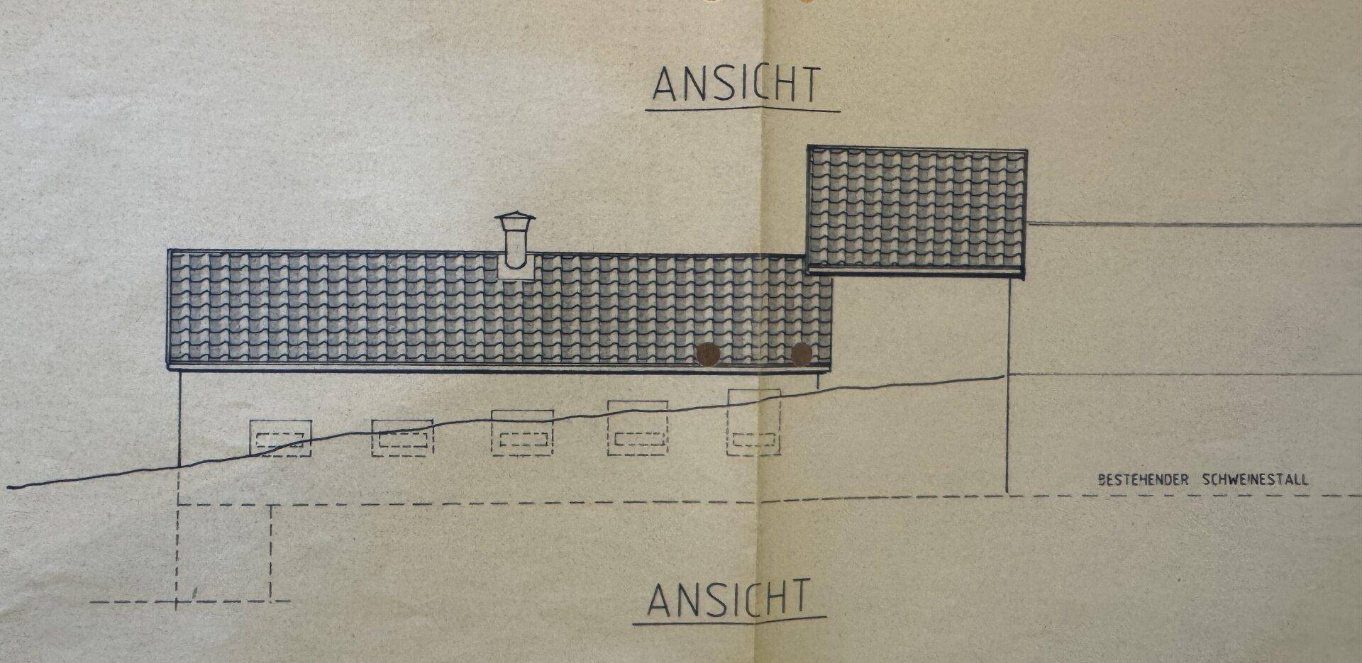 Architektonische Ansicht eines Gebäudes mit Satteldach und Fenstern, zeigt die Seitenfassade.