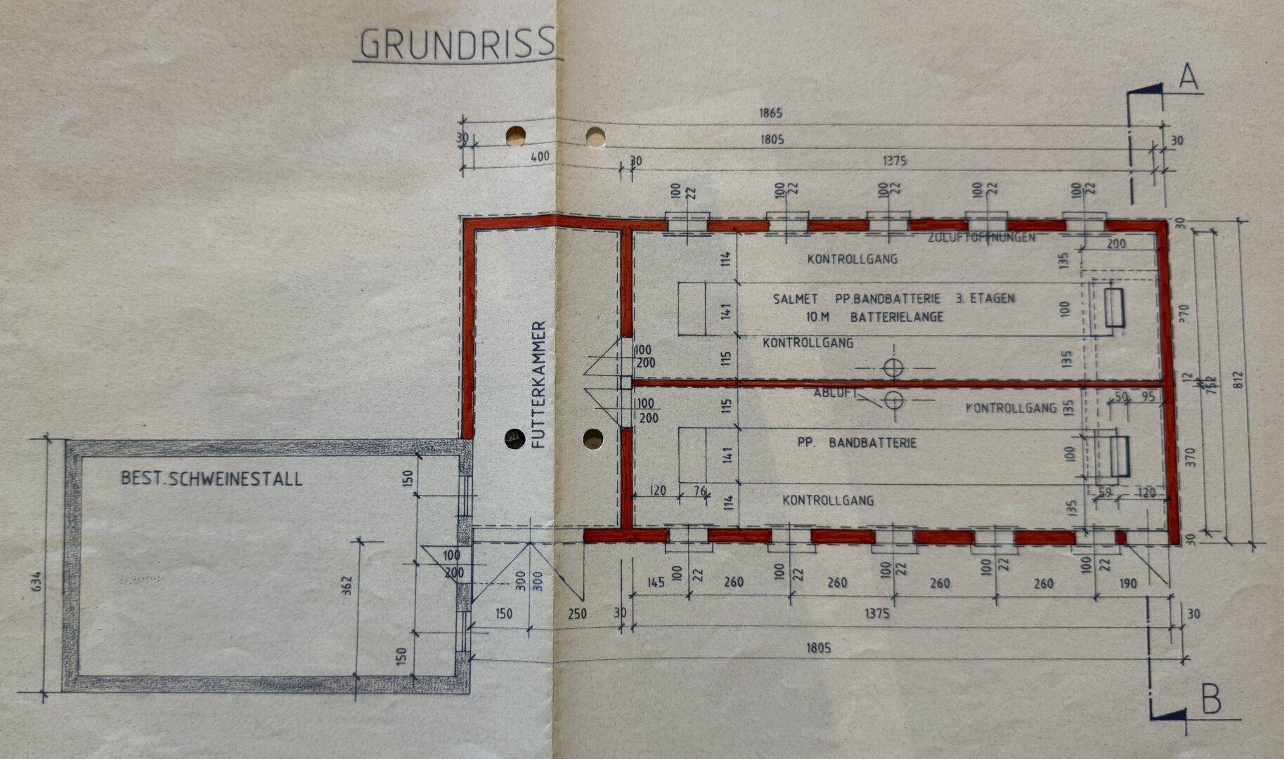 Detaillierter Grundriss eines Gebäudes mit Raumaufteilung und Bemaßungen, zeigt den Schweinestall.