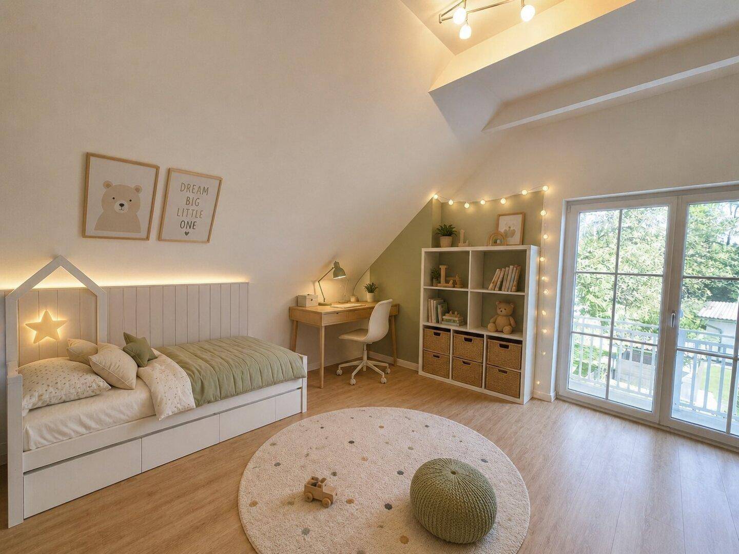Gemütliches Kinderzimmer mit Dachschräge, hellem Holzboden und Zugang zu einem französischen Balkon.