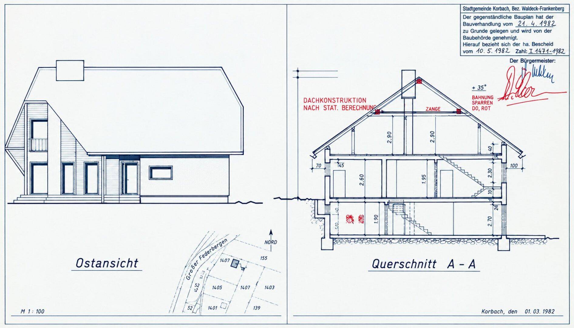 Architektonische Zeichnung mit Ostansicht und Querschnitt des Gebäudes, inklusive Dachkonstruktion.