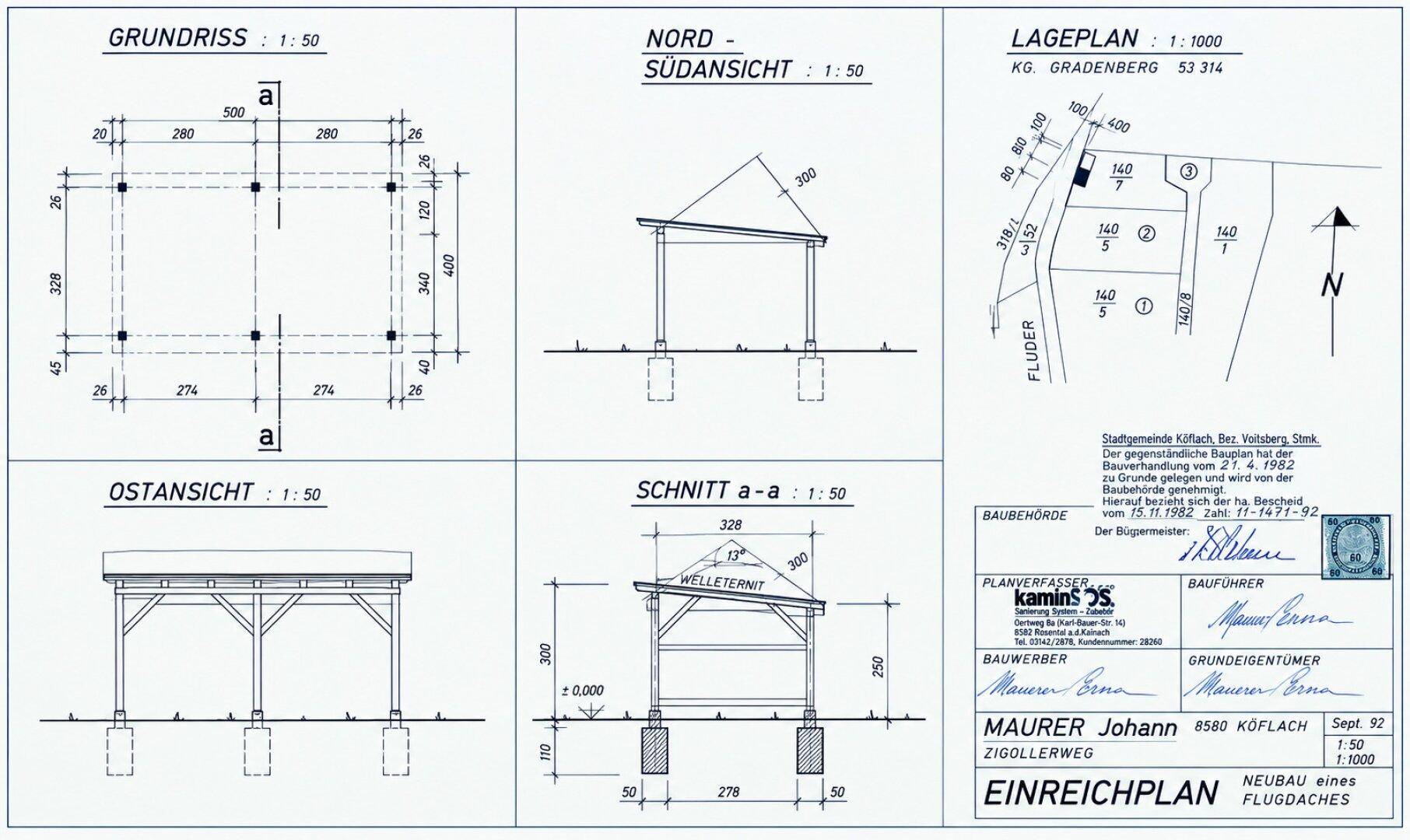 Verschiedene Bauzeichnungen für ein Flugdach, inklusive Grundriss, Ansichten und Lageplan.