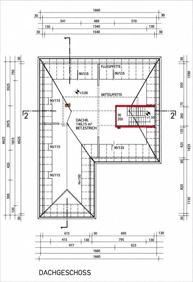 Grundriss des Dachgeschosses mit Dachschrägen und Treppenaufgang.