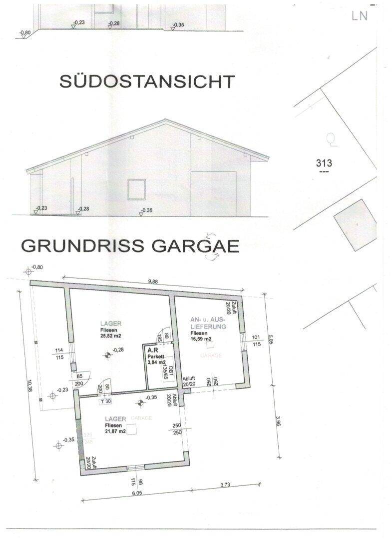 Grundriss der Garage und des Lagergebäudes mit Ansicht und Raumaufteilung.