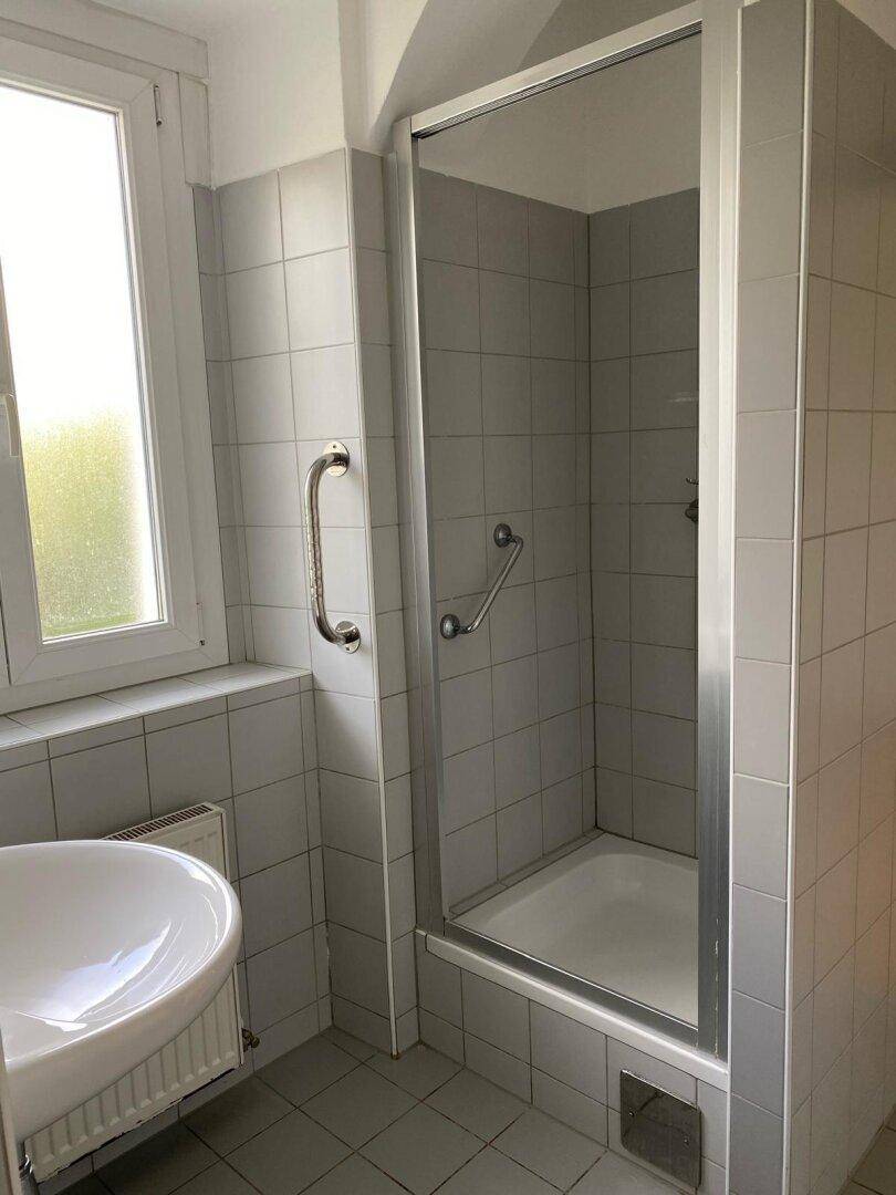 Badezimmer mit Duschkabine, Waschbecken, Fenster und Haltegriffen für zusätzliche Sicherheit.