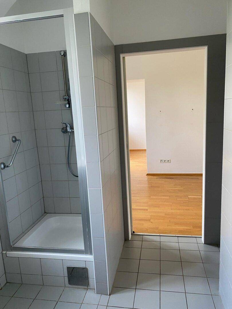 Badezimmer mit Duschkabine und Haltegriffen, angrenzend an einen Raum mit Holzparkettboden.