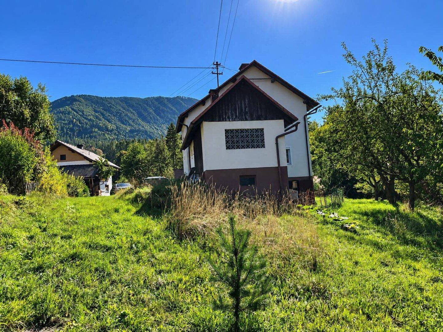 Freistehendes Haus in ländlicher Umgebung mit grüner Wiese und bewaldeten Bergen im Hintergrund.
