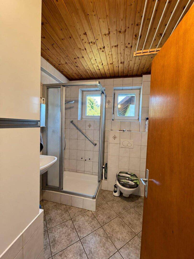 Badezimmer mit Duschkabine, Fliesenboden und Holzdecke, ausgestattet mit Haltegriffen.