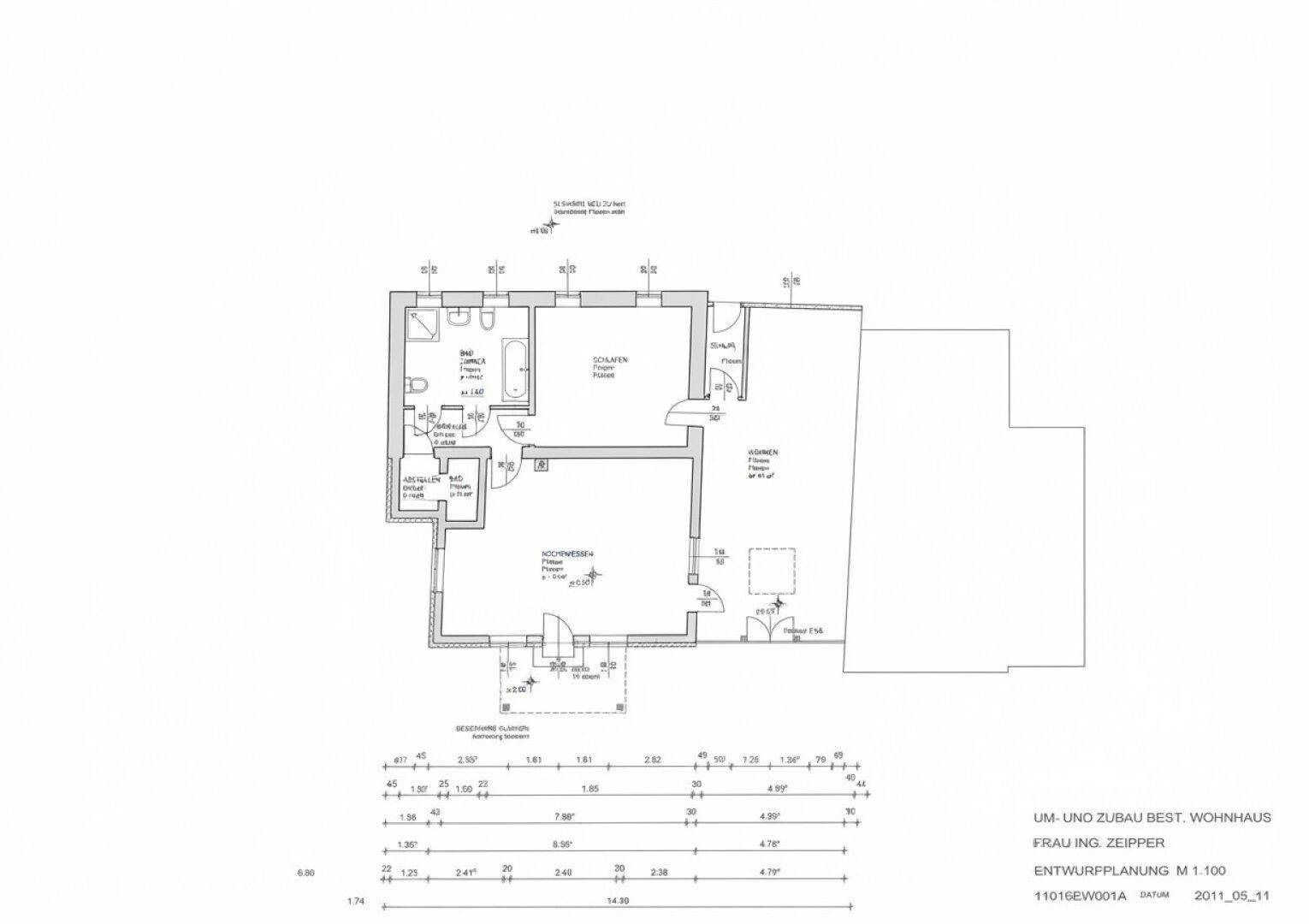 Grundrissplan eines Wohnhauses mit Schlafzimmer, offenem Wohn- und Essbereich, Bad, separatem WC und Terrasse.